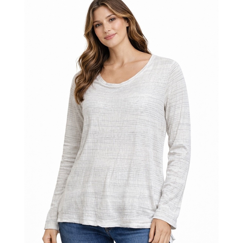 Cupio Anthropologie Womens L Long Sleeve Top Striped Boho Hanky Hem White Gray